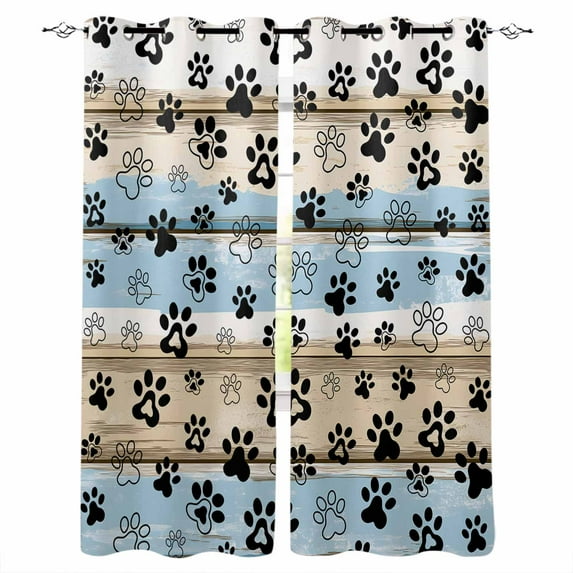 Blackout Curtains for Bedroom, Blue Dog Paw Print Room Darkening Window Drapes for Living Room, Vintage Farmhouse Rustic Wooden Grain Thermal Insulated Grommet Curtains, 52x90 inch, 2 Panels
