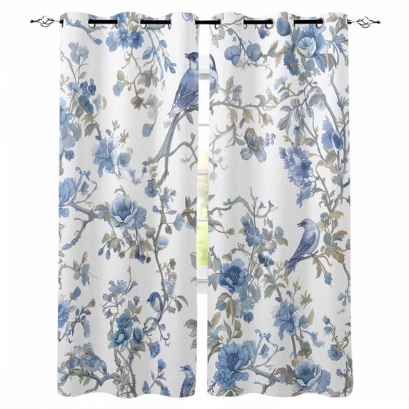 Blackout Curtains for Bedroom, Blue Floral Birds Room Darkening Window Drapes for Living Room, Farmhouse Flowers Pastoral Thermal Insulated Grommet Curtains, 42x63 inch, 2 Panels