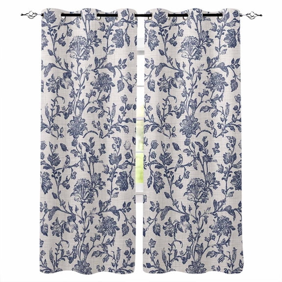 Blackout Curtains for Bedroom, Blue Floral Leaf Room Darkening Window Drapes for Living Room, Retro Farmhouse Plant Tree Branch Thermal Insulated Grommet Curtains, 27.5x39 inch, 2 Panels