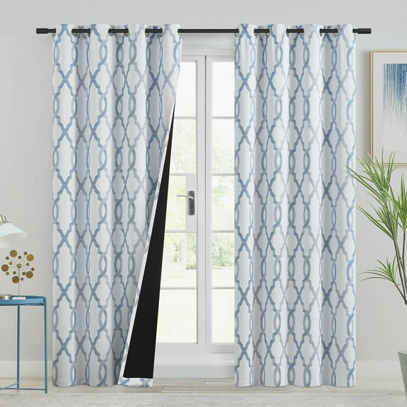 Blackout Curtains for Bedroom, Blue Grey on White Moroccan Geometric Patterned Window Curtain for Living Room, Farmhouse Thermal Insulated Drapes Grommet Top 42"W x 45"L (Pack of 2)
