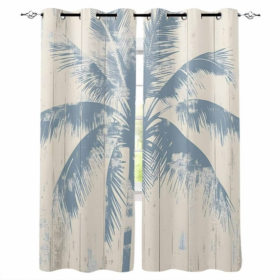 Blackout Curtains for Bedroom, Blue Palm Tree Room Darkening Window Drapes for Living Room, Coastal Summer Wooden Thermal Insulated Grommet Curtains, 42x63 inch, 2 Panels