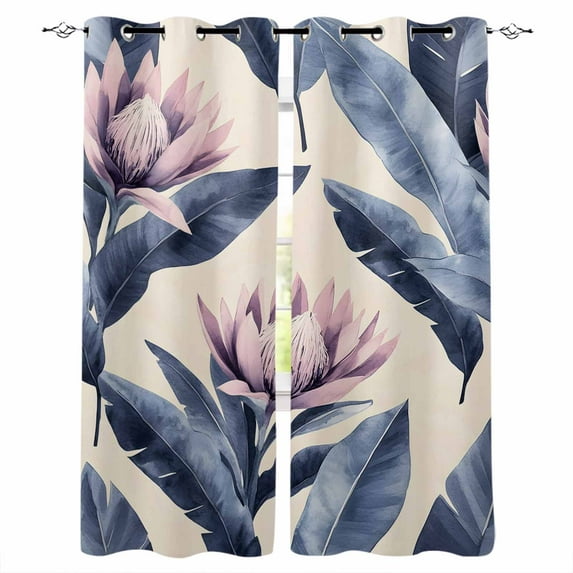 Blackout Curtains for Bedroom, Blue Pink Purple Floral Room Darkening Window Drapes for Living Room, Blooms Botanical Oil Painting Thermal Insulated Grommet Curtains, 52x63 inch, 2 Panels