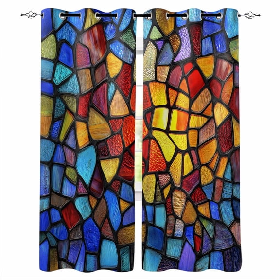 Blackout Curtains for Bedroom, Blue Red Yellow Room Darkening Window Drapes for Living Room, Modern Colored Rainbow Stained Glass Thermal Insulated Grommet Curtains, 52x96 inch, 2 Panels