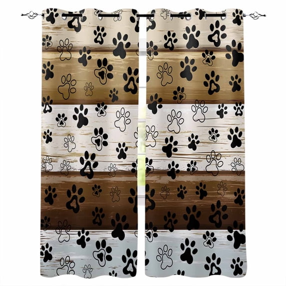 Blackout Curtains for Bedroom, Brown Beige Blue Farmhouse Room Darkening Window Drapes for Living Room, Black Dog Paw Vintage Wooden Thermal Insulated Grommet Curtains, 52x45 inch, 2 Panels