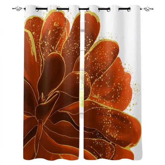 Blackout Curtains for Bedroom, Burnt Orange Room Darkening Window Drapes for Living Room, Sparkle Gold Stained Floral Flower Art Thermal Insulated Grommet Curtains, 52x54 inch, 2 Panels