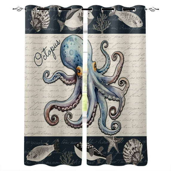 Blackout Curtains for Bedroom, Coastal Octopus Room Darkening Window Drapes for Living Room, Nautical Ocean Beach Fish Starfish Thermal Insulated Grommet Curtains, 42x84 inch, 2 Panels