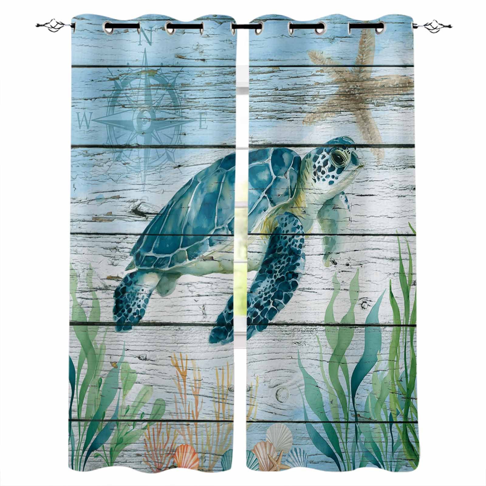 Blackout Curtains for Bedroom, Coastal Turtle Room Darkening Window ...