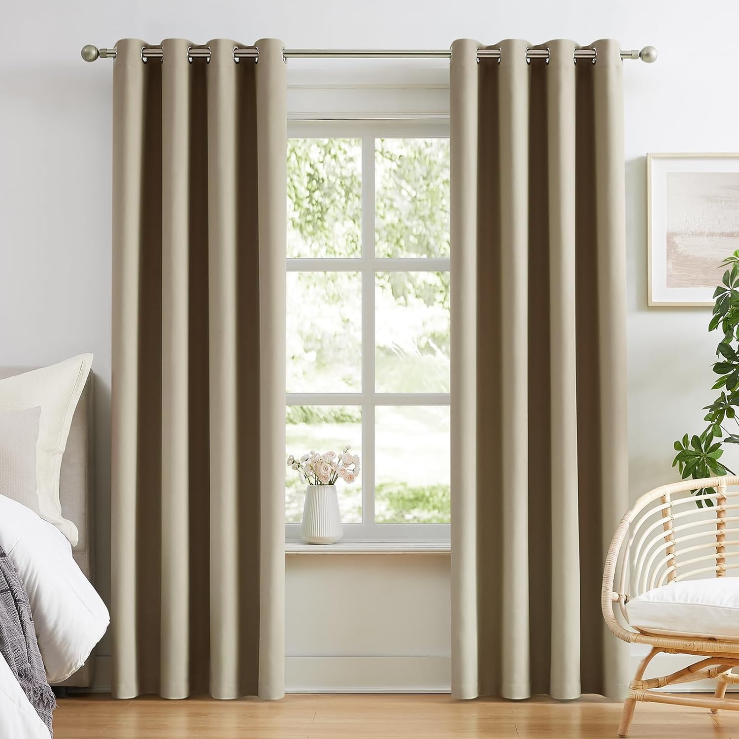 Blackout Curtains for Bedroom Cotton Curtains 63 inch Length 2 Panels Set Grommet Window Curtains for Living Room Thermal Insulated 100% Blackout Drapes (Biscotti Beige, 52 x 63 Inch)