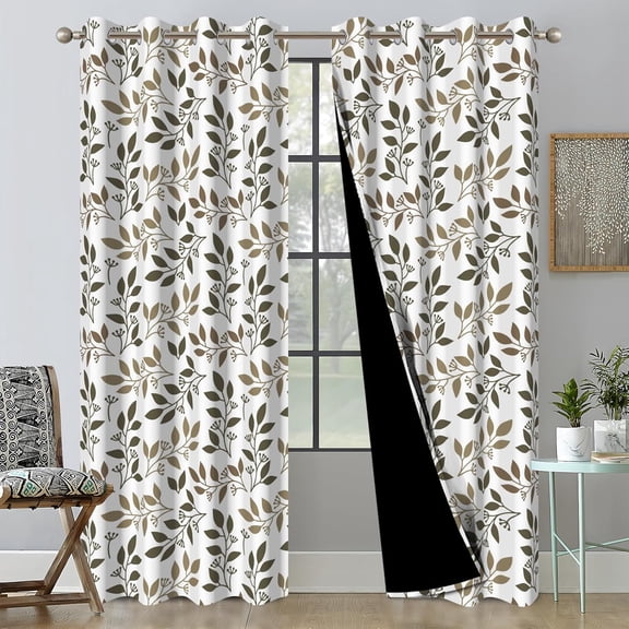 Blackout Curtains for Bedroom, Dark Green Leaf Pattern Black Out Curtains for Living Room, Grommet Thermal Insulated Room Darkening Noise Reduction Window Drapes 26"W x 63"L (Pack of 2)