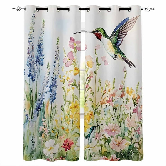 Blackout Curtains for Bedroom, Floral Hummingbird Room Darkening Window Drapes for Living Room, Spring Watercolor Flowers Thermal Insulated Grommet Curtains, 52x54 inch, 2 Panels