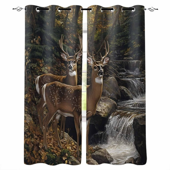 Blackout Curtains for Bedroom, Forest Deer Room Darkening Window Drapes for Living Room, Farmhouse Vintage River Elk Thermal Insulated Grommet Curtains, 52x45 inch, 2 Panels