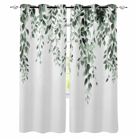 Blackout Curtains for Bedroom, Green Eucalyptus Room Darkening Window Drapes for Living Room, Weeping Botanical Leaf Watercolor Thermal Insulated Grommet Curtains, 27.5x39 inch, 2 Panels