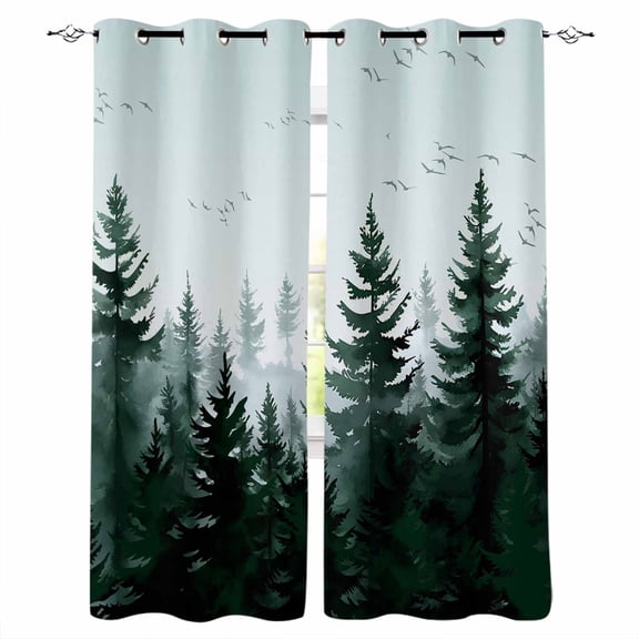Blackout Curtains for Bedroom, Green Mist Forest Room Darkening Window Drapes for Living Room, Farmhouse Trees Nature Landscape Thermal Insulated Grommet Curtains, 42x54 inch, 2 Panels