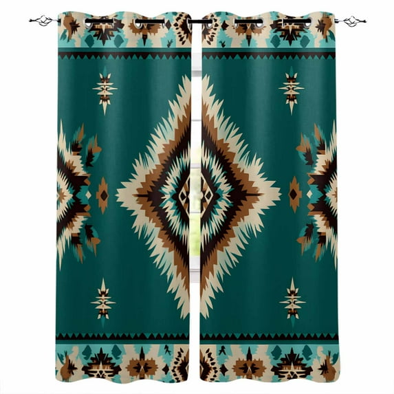 Blackout Curtains for Bedroom, Green Southwestern Room Darkening Window Drapes for Living Room, Boho Ethnic Geometric Retro Thermal Insulated Grommet Curtains, 42x45 inch, 2 Panels