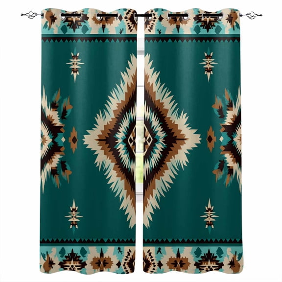 Blackout Curtains for Bedroom, Green Southwestern Room Darkening Window Drapes for Living Room, Boho Ethnic Geometric Retro Thermal Insulated Grommet Curtains, 52x96 inch, 2 Panels