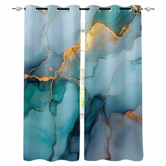 Blackout Curtains for Bedroom, Marble Teal Room Darkening Window Drapes for Living Room, Modern Ink Painting Abstract Golden Art Thermal Insulated Grommet Curtains, 52x90 inch, 2 Panels