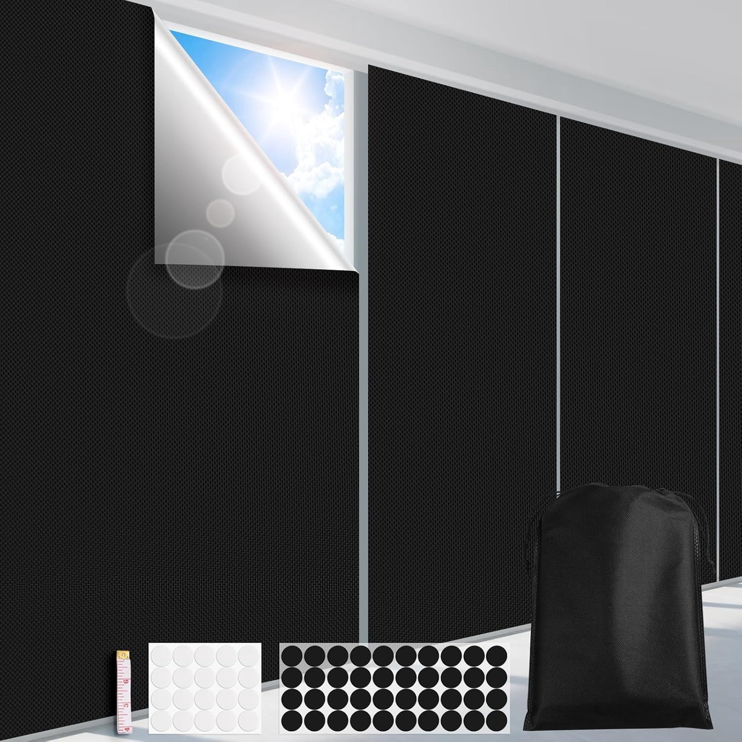 Blackout Curtains for Bedroom, Portable 100% Black Out Window Cover Film, Cuttable Blackout Shades Fabric Sheet, No Drill Window Blinds, Sun Heat Light Blocker for Travel Media Dorm, 57'' W