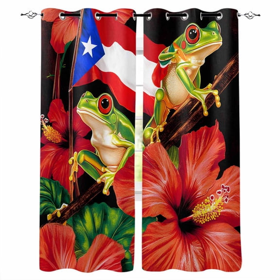 Blackout Curtains for Bedroom, Puerto Rico Flag Room Darkening Window Drapes for Living Room, Frog Red Flower Summer Leaf Thermal Insulated Grommet Curtains, 27.5x39 inch, 2 Panels