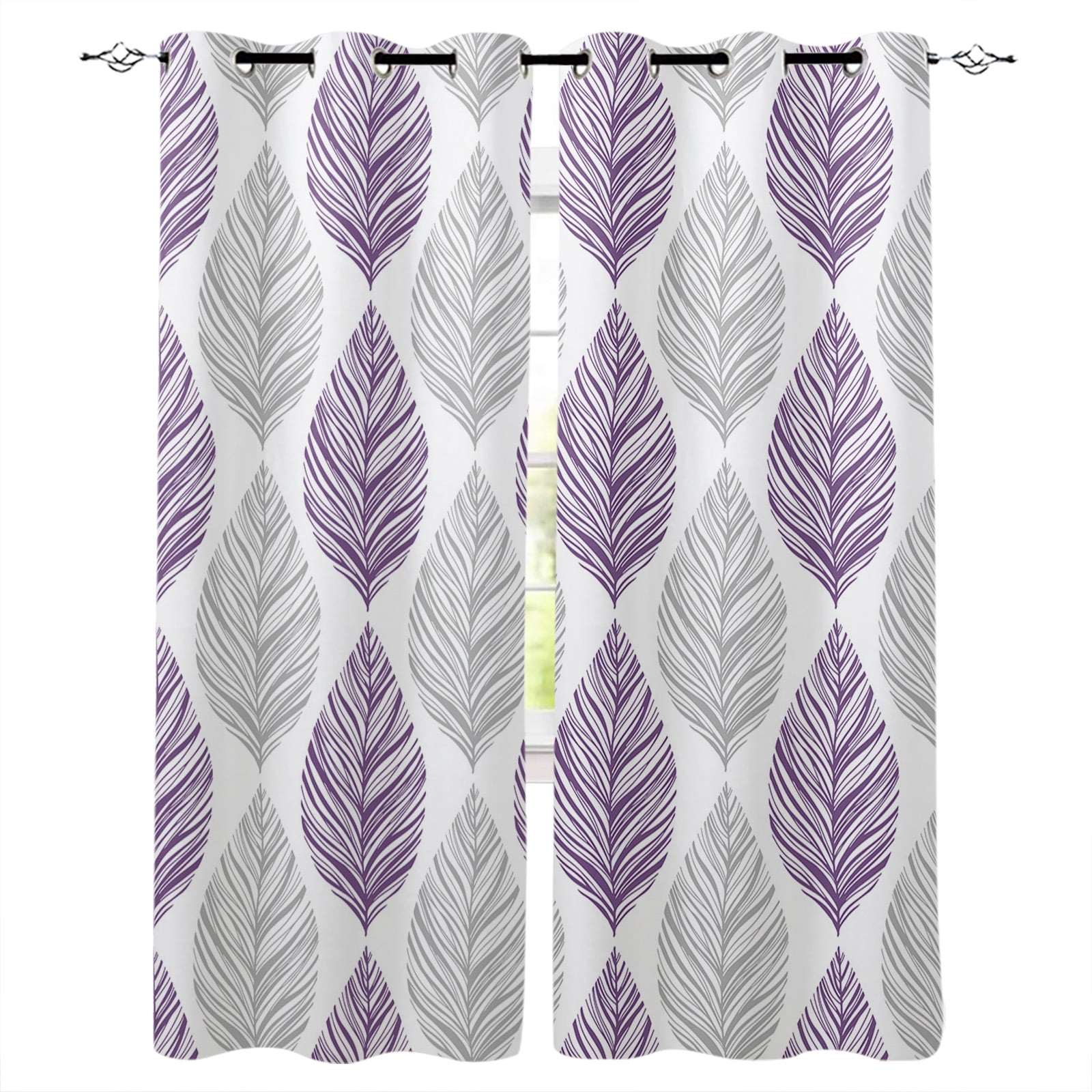 Blackout Curtains for Bedroom, Purple Gray Leaves Room Darkening Window ...