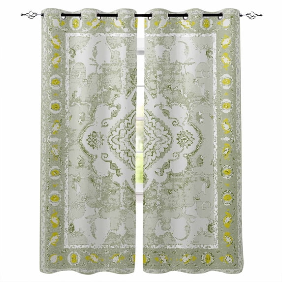 Blackout Curtains for Bedroom, Sage Green Room Darkening Window Drapes for Living Room, Boho Retro Decorative Abstract Floral Ethnic Thermal Insulated Grommet Curtains, 42x45 inch, 2 Panels
