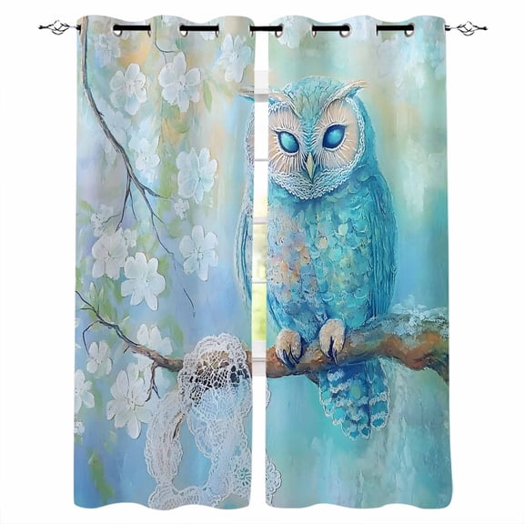 Blackout Curtains for Bedroom, Teal Blue Owl Room Darkening Window Drapes for Living Room, Modern Flowers Birds on Branch Thermal Insulated Grommet Curtains, 52x96 inch, 2 Panels