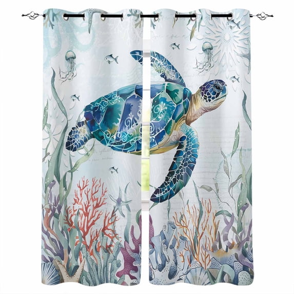 Blackout Curtains for Bedroom, Teal Sea Turtle Coastal Room Darkening Window Drapes for Living Room, Summer Beach Ocean Coral Thermal Insulated Grommet Curtains, 52x54 inch, 2 Panels