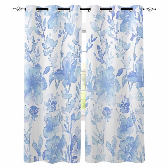 Blackout Curtains for Bedroom, Watercolor Blue Floral Room Darkening Window Drapes for Living Room, Blue Ombre Botanical Summer Thermal Insulated Grommet Curtains, 52x54 inch, 2 Panels