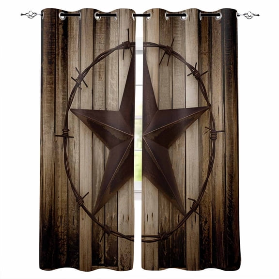 Blackout Curtains for Bedroom, Western Star Retro Room Darkening Window Drapes for Living Room, Vintage Brown Wood Barn Thermal Insulated Grommet Curtains, 42x45 inch, 2 Panels