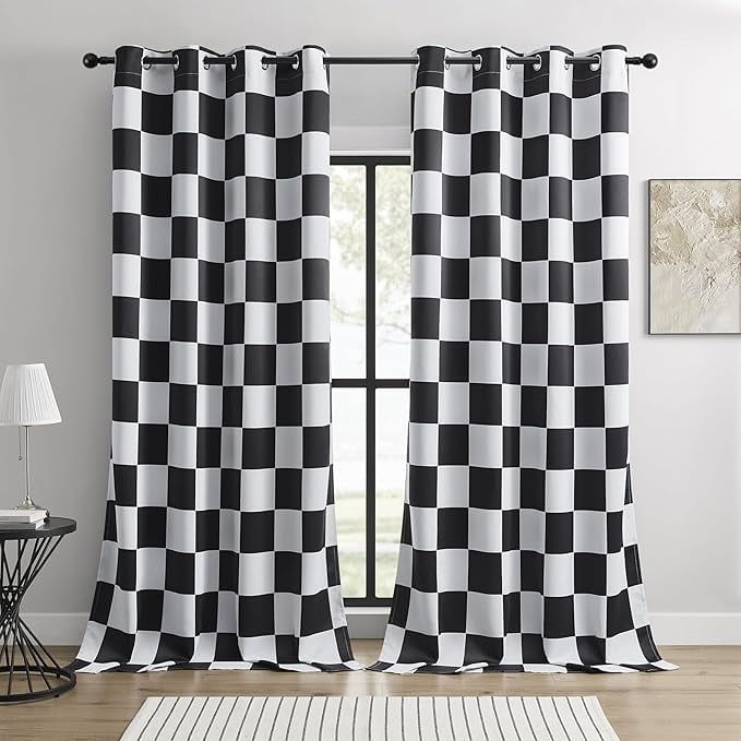 Blackout Curtains – Black And White Checkered Race Flag Pattern Curtain, Thermal Insulated, Noise Reducing For Bedroom, Living Room, Modern Sporty Design 26"W x 63"L (Pack of 2)