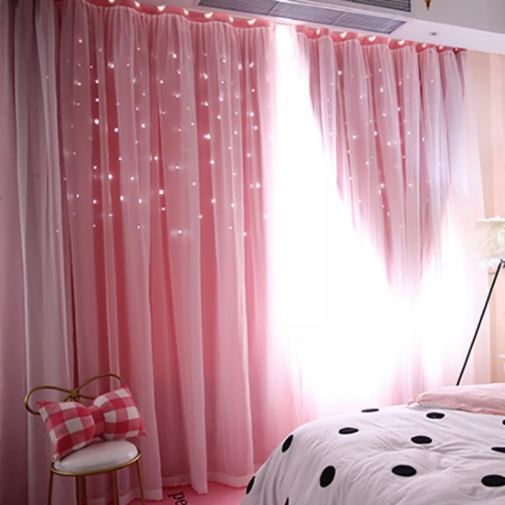 Blackout Curtains, Double Layers Hollow Out Stars Window Curtains,2 in 1 Fabric and Gauze Window Curtains Panel (Pink-Star Cutout,39x78inch)