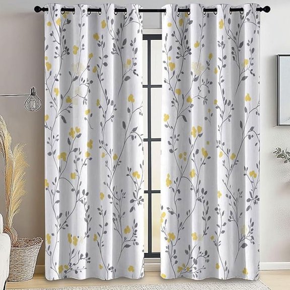 Blackout Curtains Flowers Simple Fresh Plant Black Out Curtain Thermal Insulated Window Treatments Decor Yellow Gray For Living Room Bedroom Curtain 42"W x 63"L (Pack of 2)