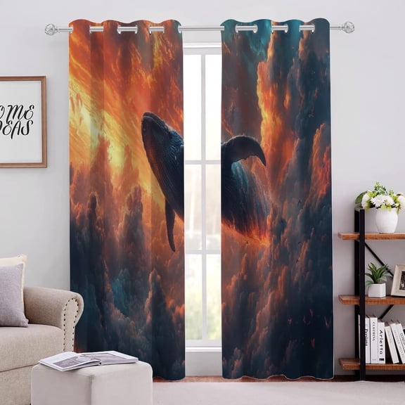 Blackout Curtains Flying Huge Whale Pattern, Sky Dark Clouds 3D Printed Drapes, Thermal Insulated Grommet Room Darkening Curtains for Living Room Bedroom 42"W x 84"L (Pack of 2)