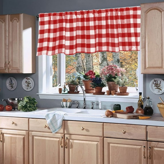Blackout Curtains Ink White Red Lattice Window Valance Cottage Layout Curtain Decoration Curtain Rod Pocket Valance For Kitchen/Living Room 15 X 55 In