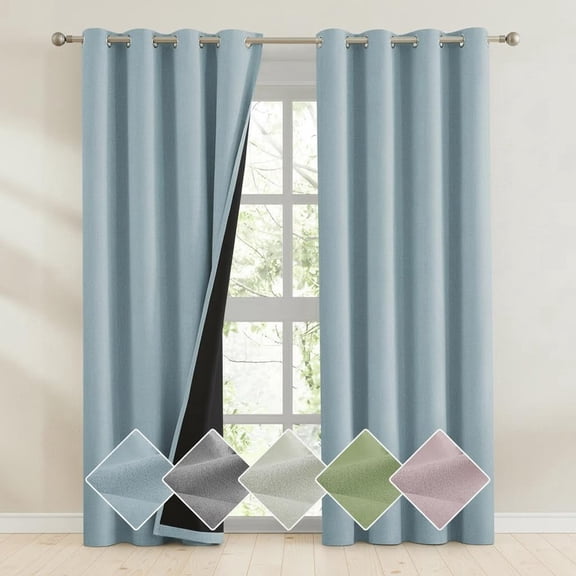 Blackout Curtains, Linen Textured Light Blue, Grommet Top Thermal Insulated Window Drapes, 2 Panels