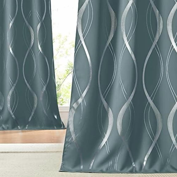 Blackout Curtains Panels for Living Room, Greyish Blue, 52" Wide x 84" Long, 2 Panels, Sound Reducing Thermal Insulated Wave Line Foil Print Design Curtains for Patio Sliding Glass Door