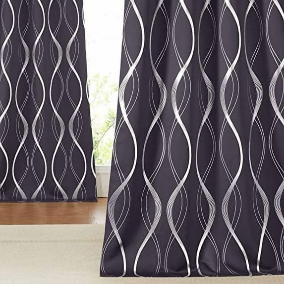 Blackout Curtains Panels for Living Room, Greyish Purple, 52" Wide x 84" Long, 2 Panels, Sound Reducing Thermal Insulated Wave Line Foil Print Design Curtains for Patio Sliding Glass Door