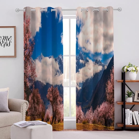 Blackout Curtains Pink Flower Tree Mountain Clouds 3D Printed, Window Drapes for Bedroom Living Room Room 53"W x 96"L (Pack of 2)