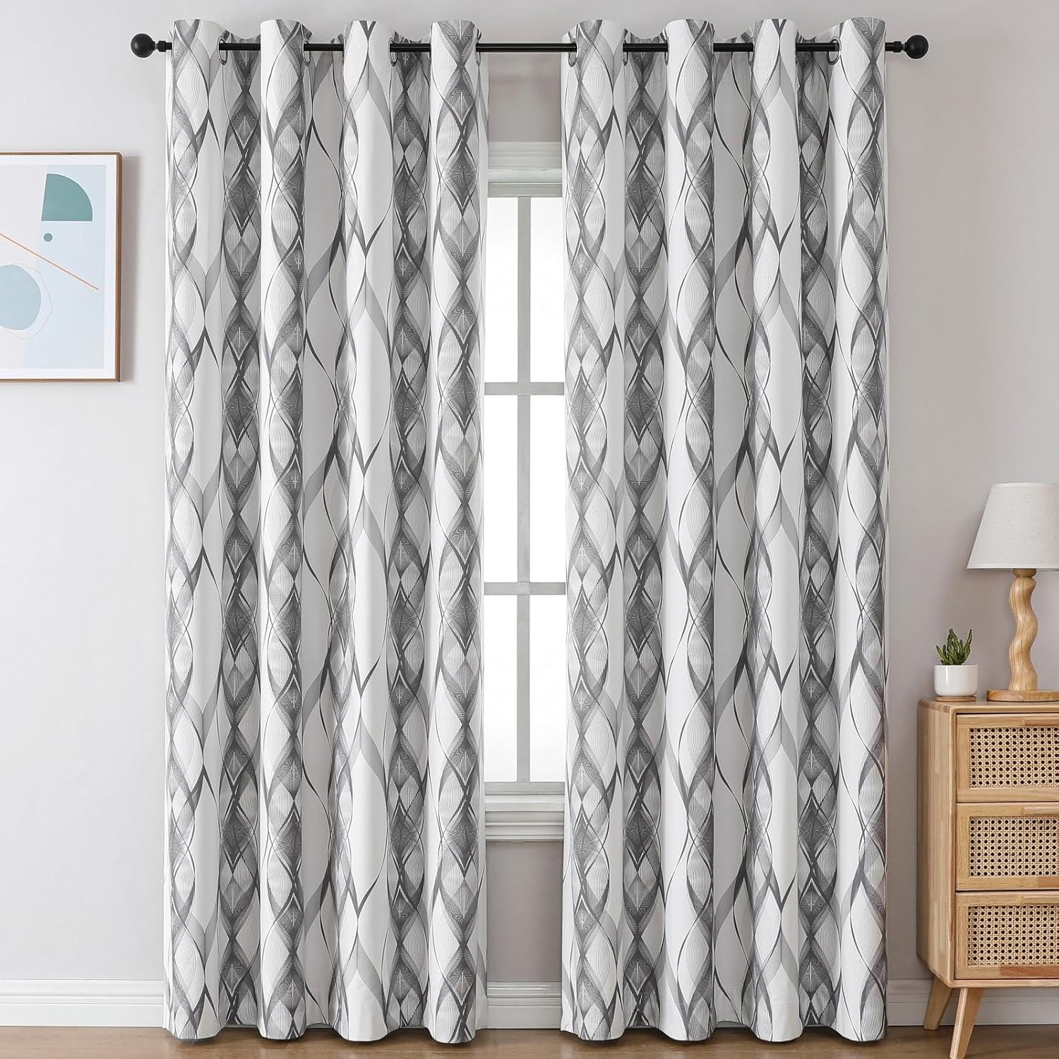 Blackout Curtains Set for Bedroom/Living Room, Noise Reducing Window Treatment Thermal Insulated Drapes, Curves & Circles Grey 26"W x 54"L (Pack of 2)