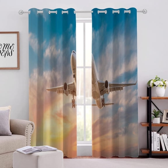 Blackout Curtains Sky Flying Airplane Dusk Sunset Clouds 3D Printed, Window Drapes for Bedroom Living Room Room 53"W x 96"L (Pack of 2)