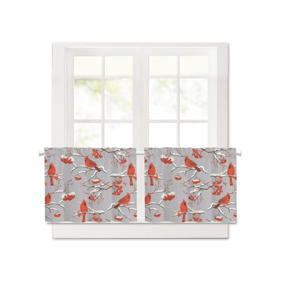 Blackout Curtains for Small Window, Christmas Cardinal Winter Snowflake Insulated Room Darkening Curtains, Country Berry on Gray Light Blocking Privacy Rod Pocket Curtain for Bedroom 30x24 Inch 2Pcs