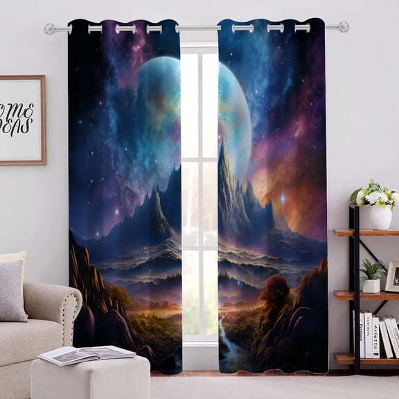 Blackout Curtains Towering Mountain Forest Starry Sky Pattern, 3D Printed Window Curtain Panels Window Curtain with Grommet Drapes for Bedroom Living Room 42"W x 63"L (Pack of 2)
