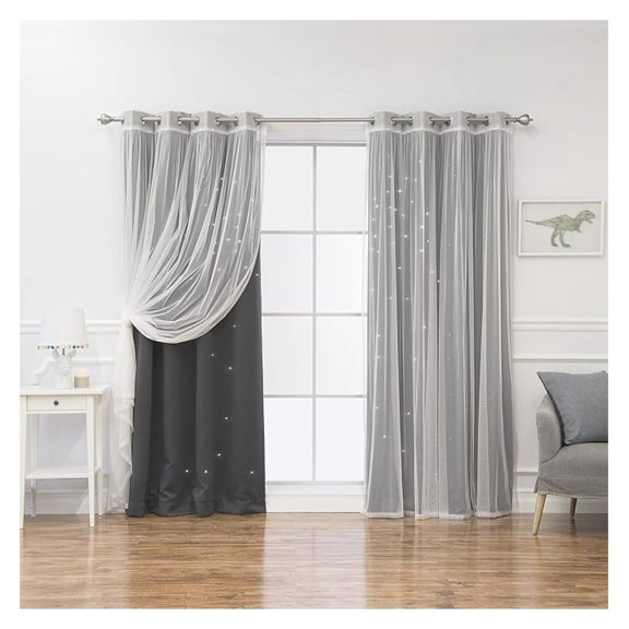 Blackout Curtains Tulle & Star Cutout - Dk. Grey 52x84 Inch - 4 Piece Set