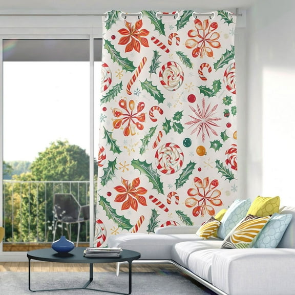Blackout Curtains Window Curtain for Bedroom Living Room 1 Panel 82"x42" Christmas Candy Canes Holly Leaves