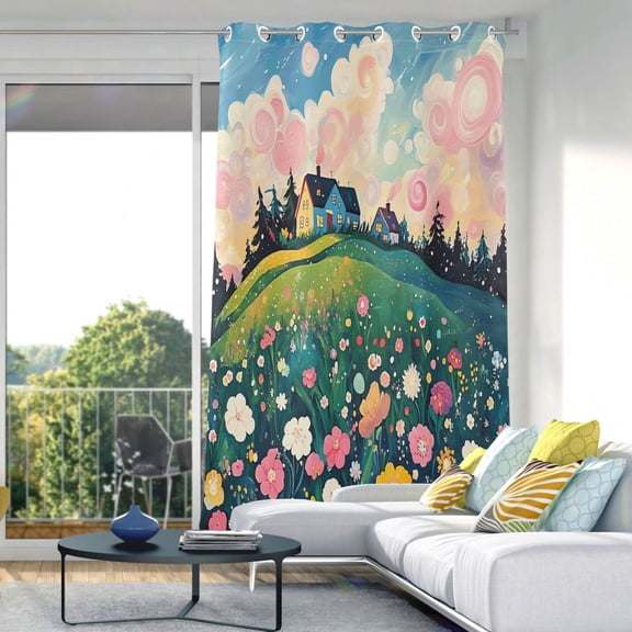 Blackout Curtains Window Curtain for Bedroom Living Room 1 Panel 82"x42" Hillside with Wildflowers and Houses
