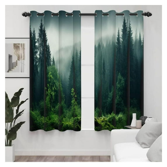 Blackout Curtains for Bedroom Green Tree with Fog Nature Deep Green ForestCurtains 2 Panels for Living Room Heat Blocking 53x63inch