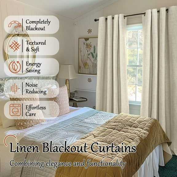 Blackout Curtains for Bedroom - Linen Black Out Thermal Insulated Burlap Grommet Window Drapes, 2 Panels, 52" Wide, 84" Long, Natural Cream