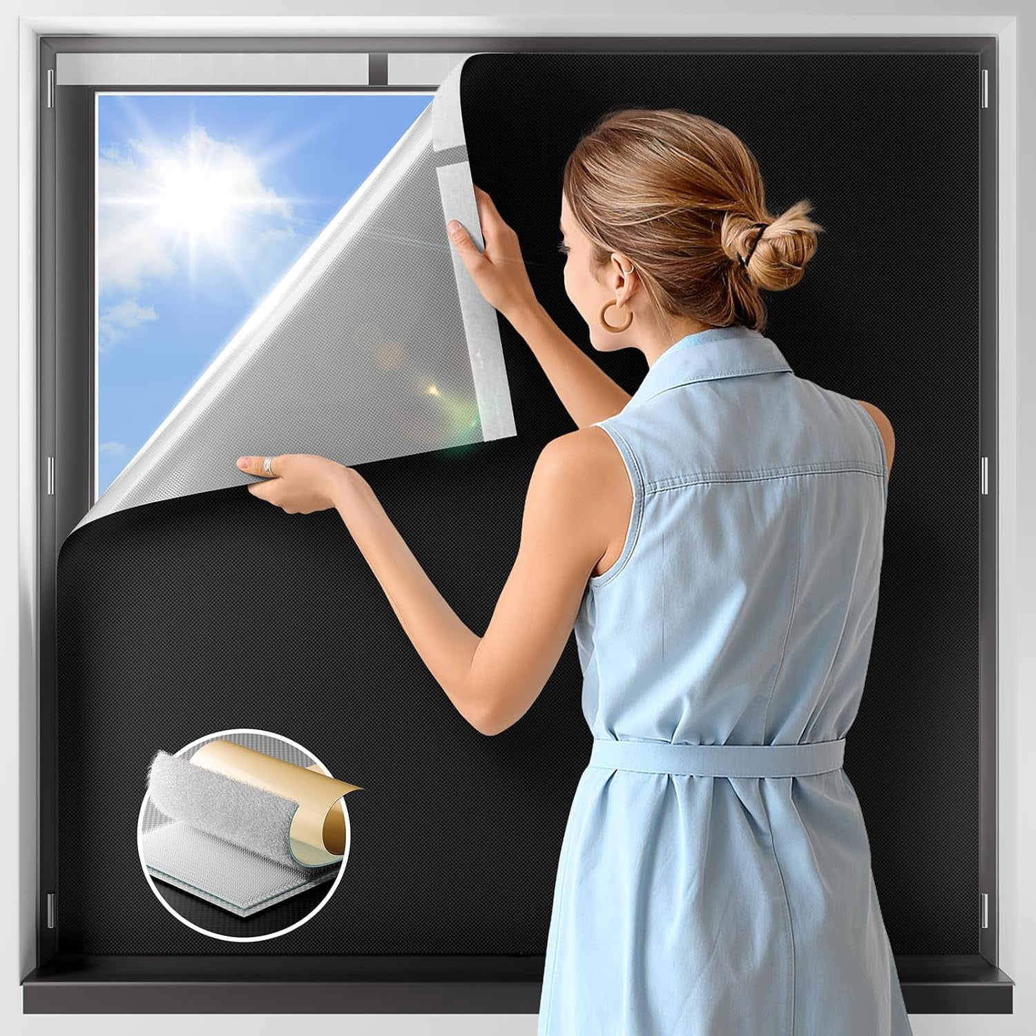 Blackout Curtains for Bedroom, No Drill Blackout Blinds with Upgraded Hook and Loop Tape, Portable for Window Cover, Travel, RV - 1 Panel Black