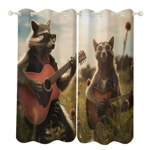 Blackout Curtains for Bedroom Raccoon Playing Guitar Full Room Darkening Grommet Curtains for Living Room,Thermal Insulated Ombre Drapes