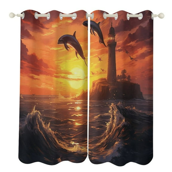 Blackout Curtains for Bedroom Sunset Jumping Dolphin Full Room Darkening Grommet Curtains for Living Room,Thermal Insulated Ombre Drapes