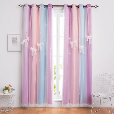CshidWorld Blackout Curtains for Girls Kids Bedroom, Colorful Double Layer Star Cut Out Curtains for Girls Room Nursery Home Decor, 52''x 63'', 1 Panel